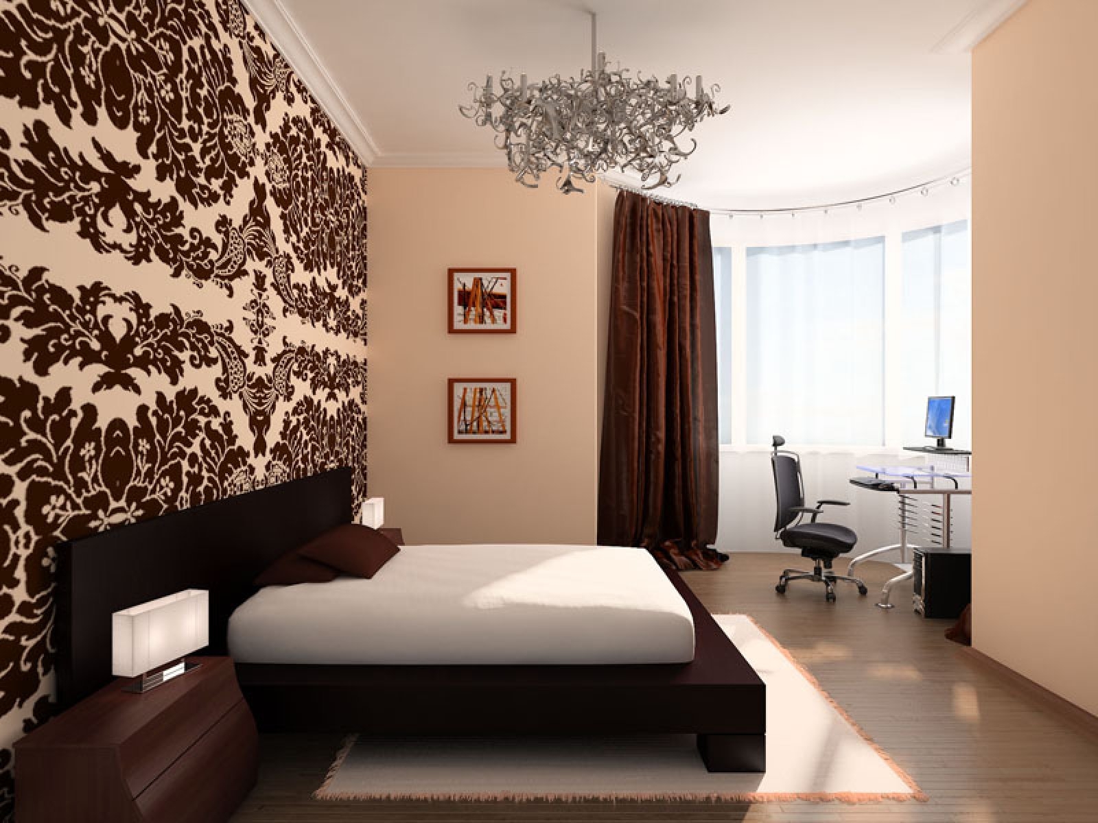 Дизайн комнат виды. Обои для спальни комбинированные. Обои в маленькую комнату. Спальня в коричневых тонах. Обои в интерьере квартиры.
