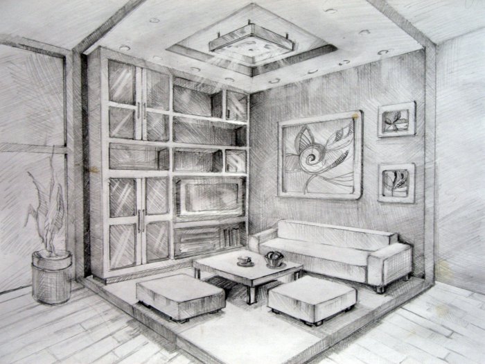 Комната в объеме рисунок карандашом