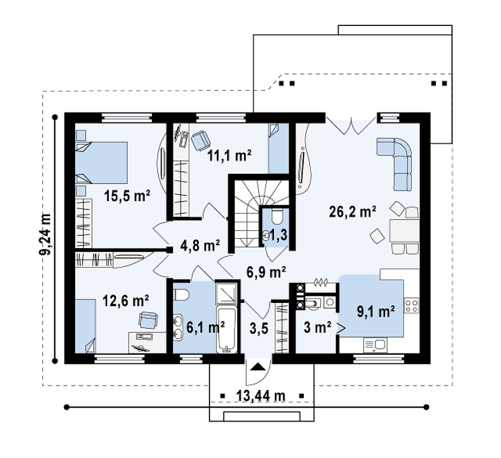 Планировка одноэтажного дома 11 на 9 с тремя спальнями