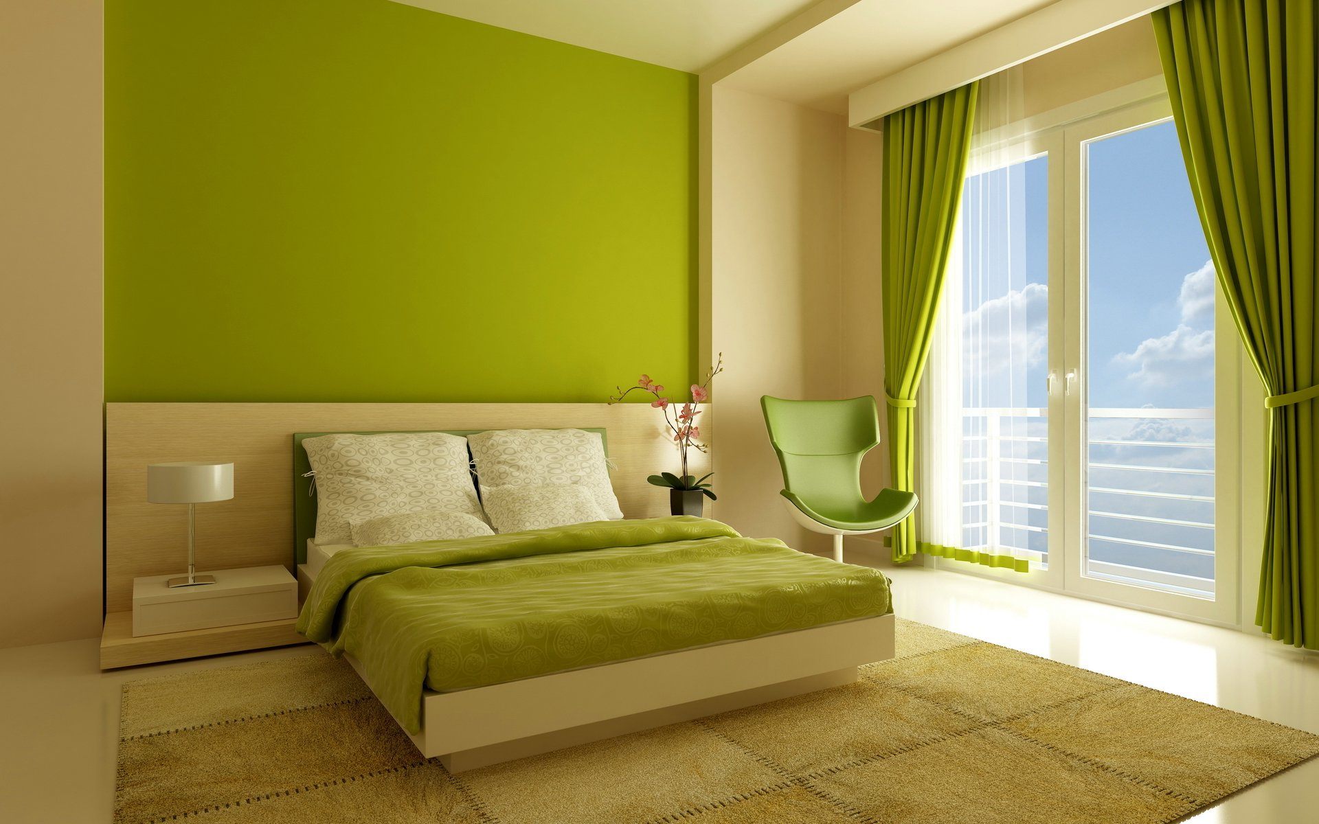 Белая мебель с зелеными обоями