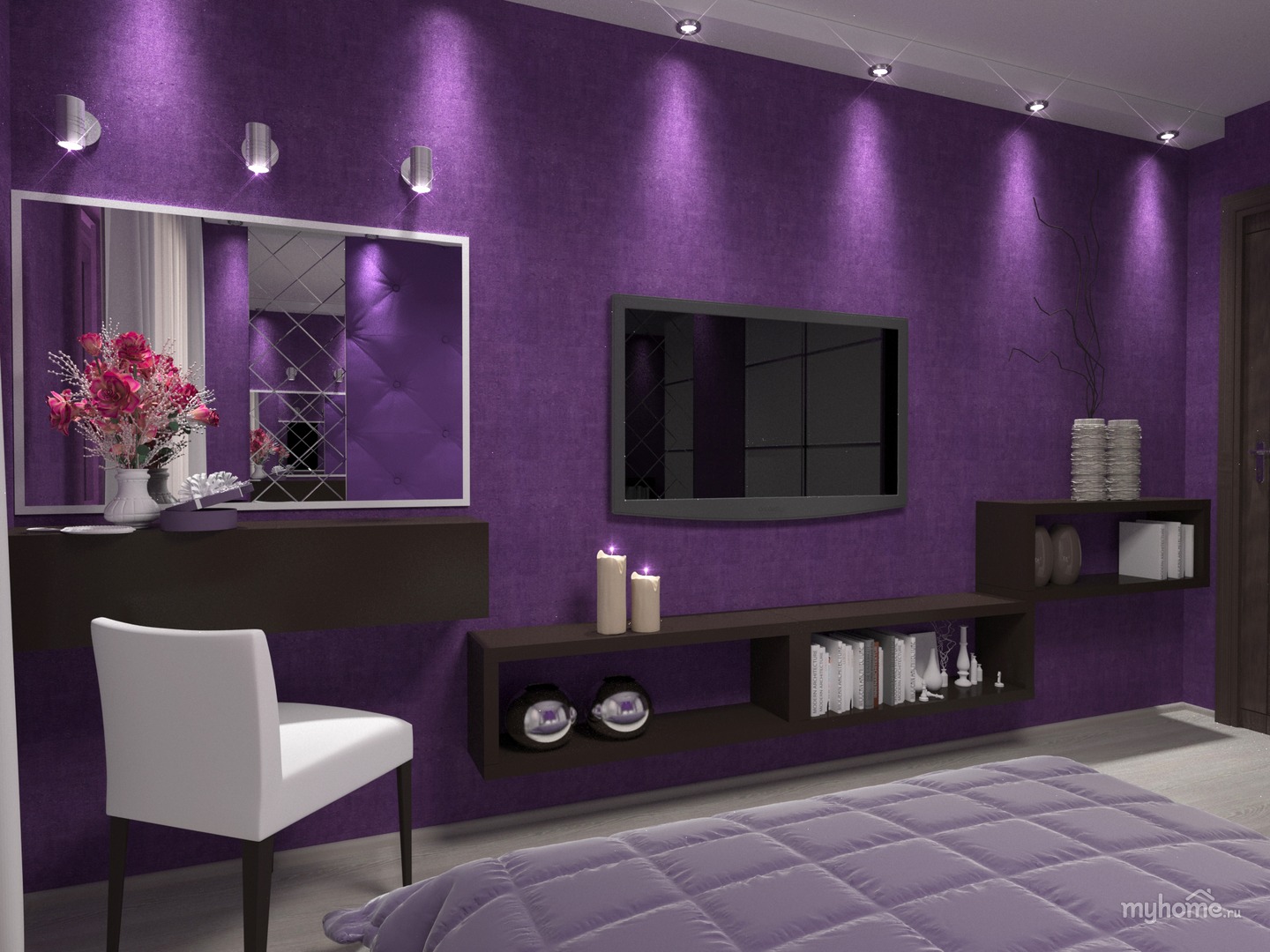 Дизайн зала с фиолетовыми обоями