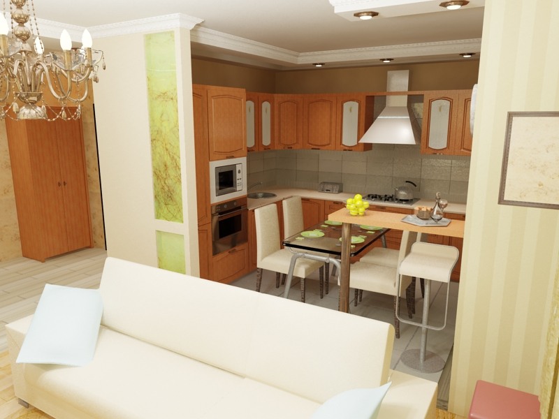 Дизайн гостиной совмещенной с кухней в светлых тонах