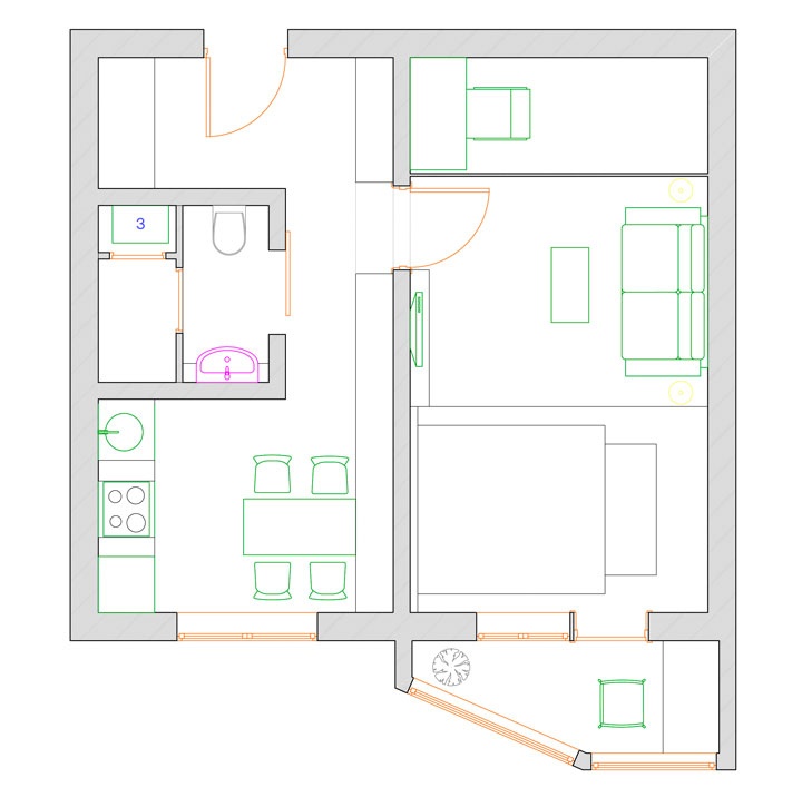 Планировка комнаты с тремя дверями