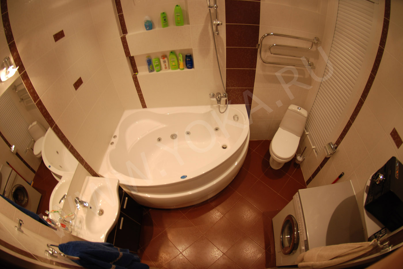 Планировка ванной комнаты с угловой ванной и стиральной машиной