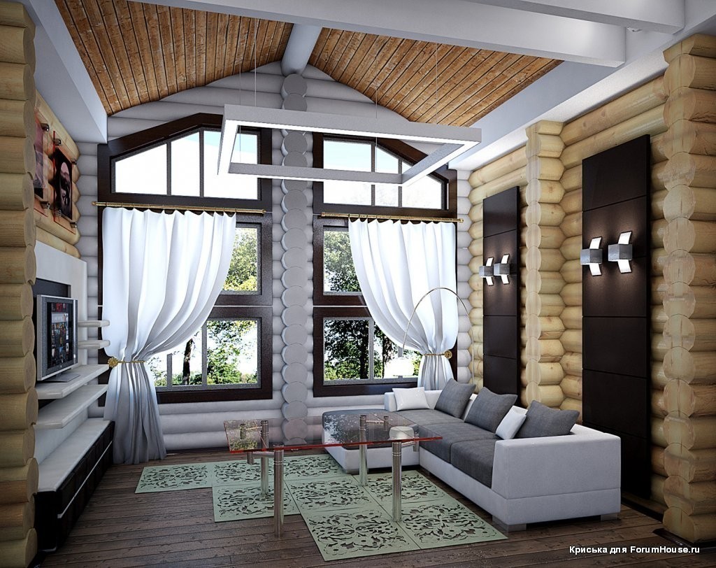 Интерьер дома из оцилиндрованного бревна в современном стиле