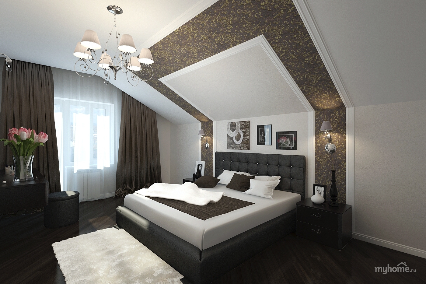 Дизайн мансардной спальни в частном доме