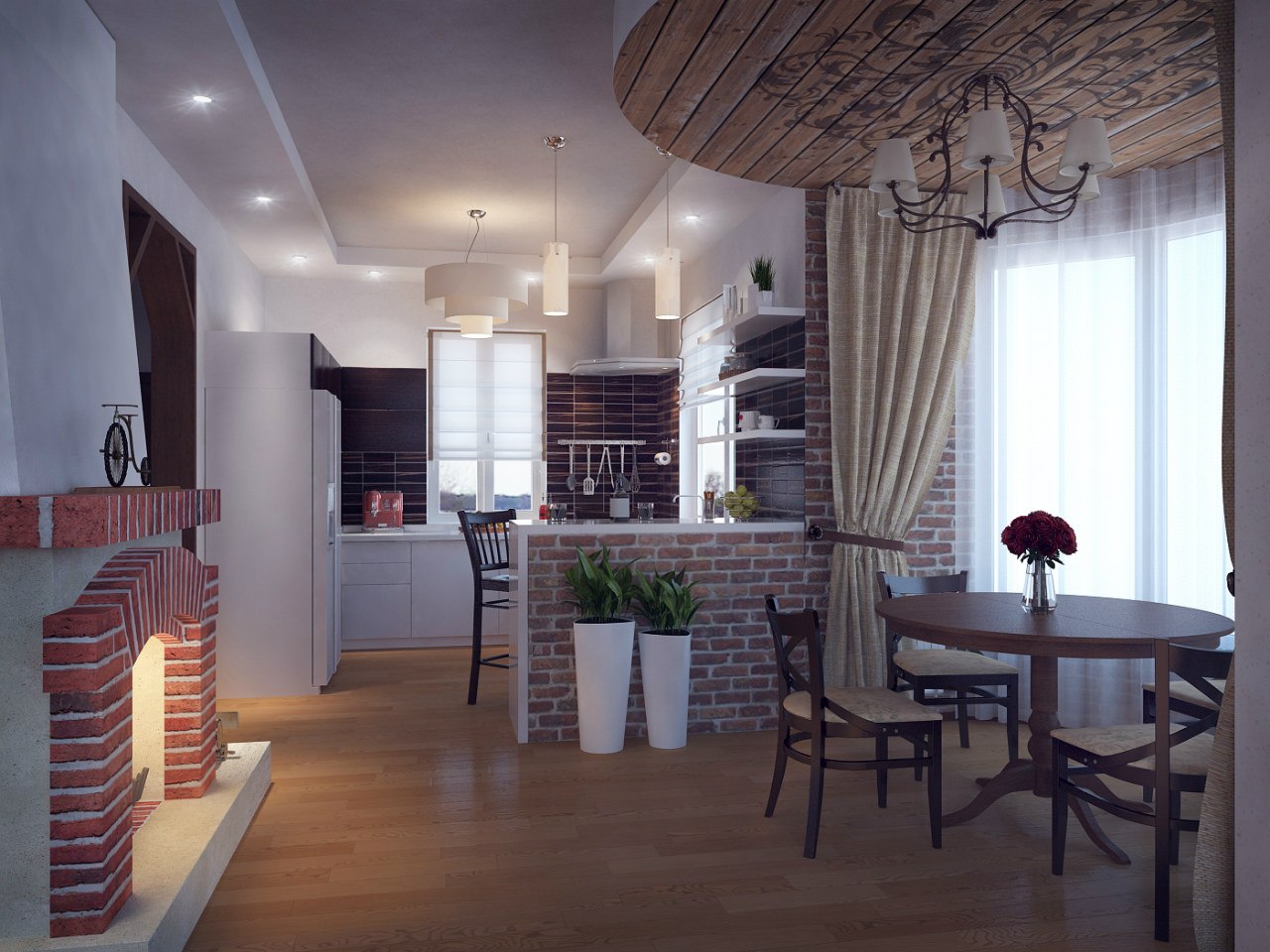 Интерьер кухни гостиной в частном доме с выходом на веранду в классическом стиле
