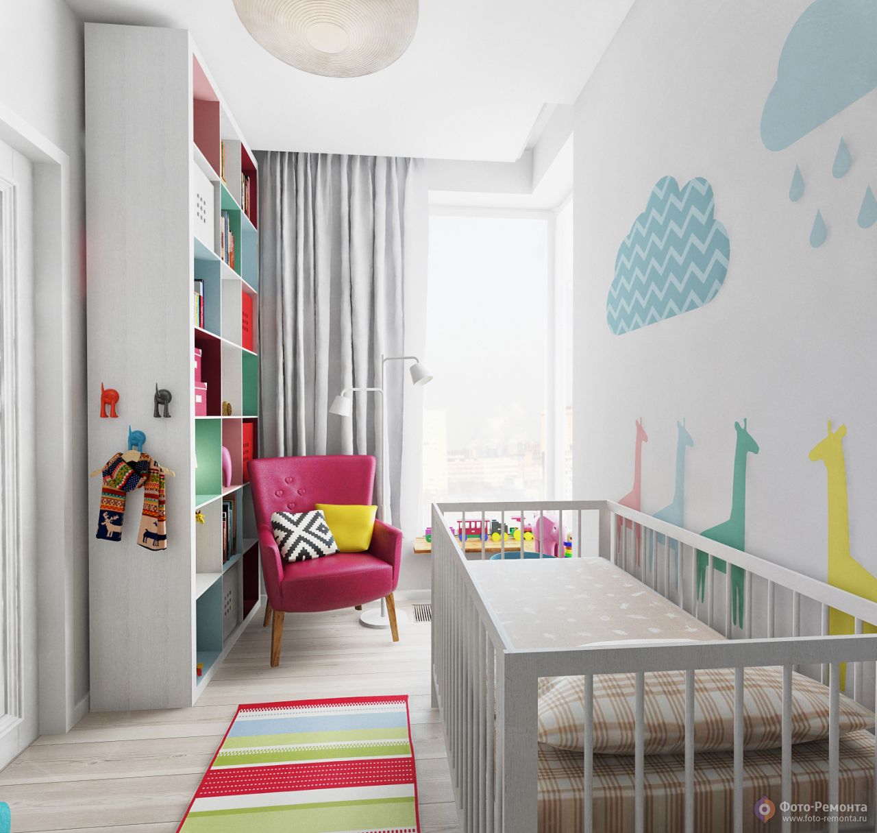 Детская комната с серыми обоями и белой мебелью