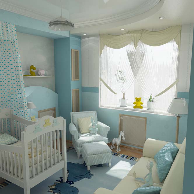 Детская комната с серыми обоями и белой мебелью