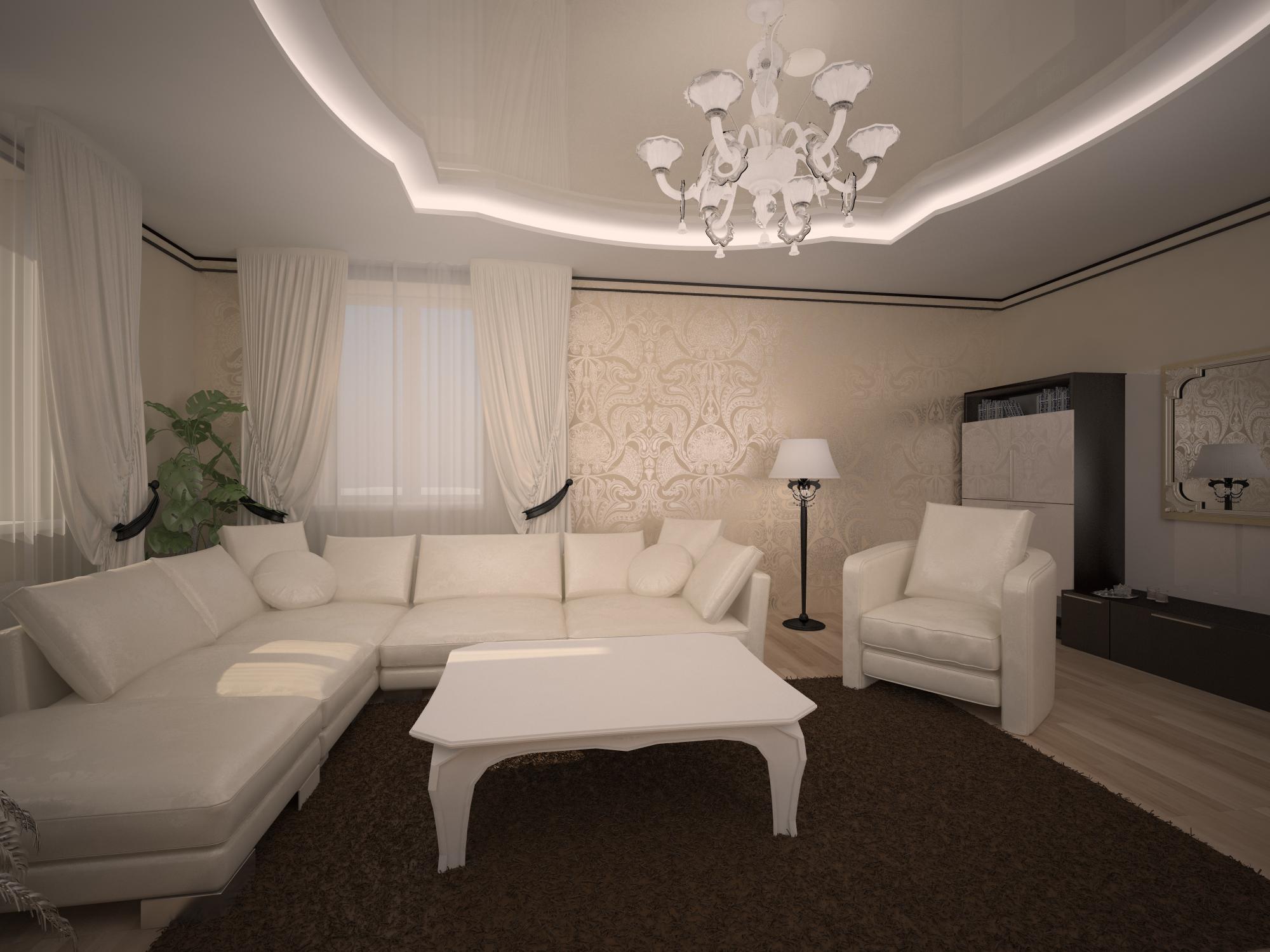 Интерьер зала коричневый диван
