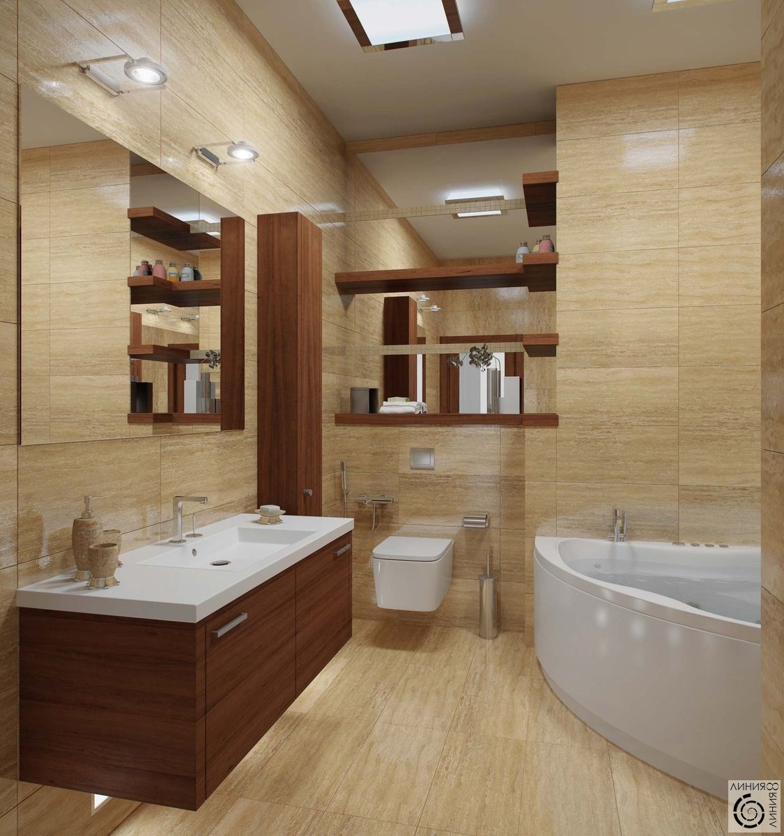 Современный дизайн ванной с угловой ванной