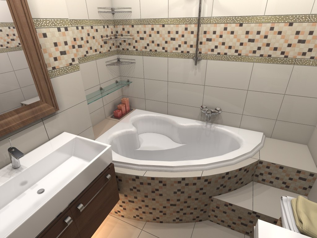 Дизайн ванны с угловой ванной и душевой кабиной