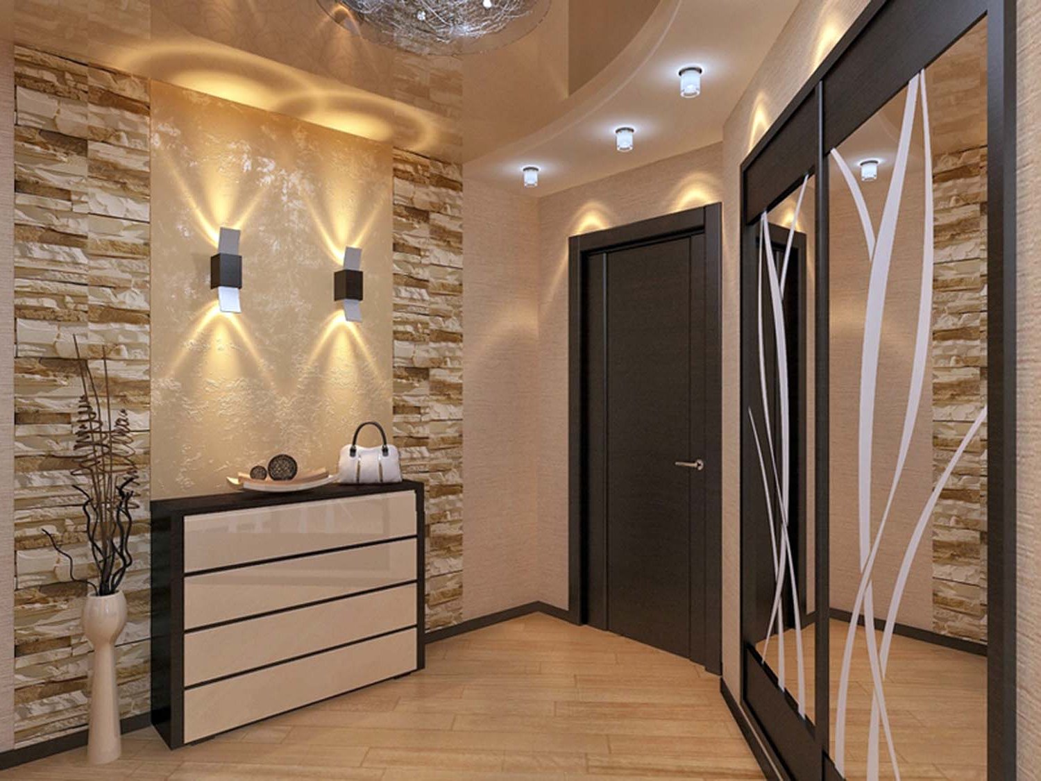 Дизайн коридора в квартире в современном стиле в светлых тонах с кирпичной