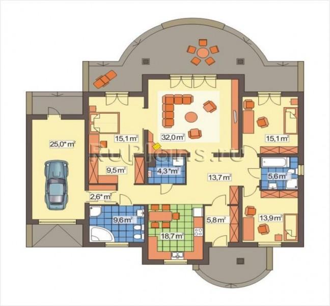 Планировка одноэтажного дома с гаражом и двумя спальнями