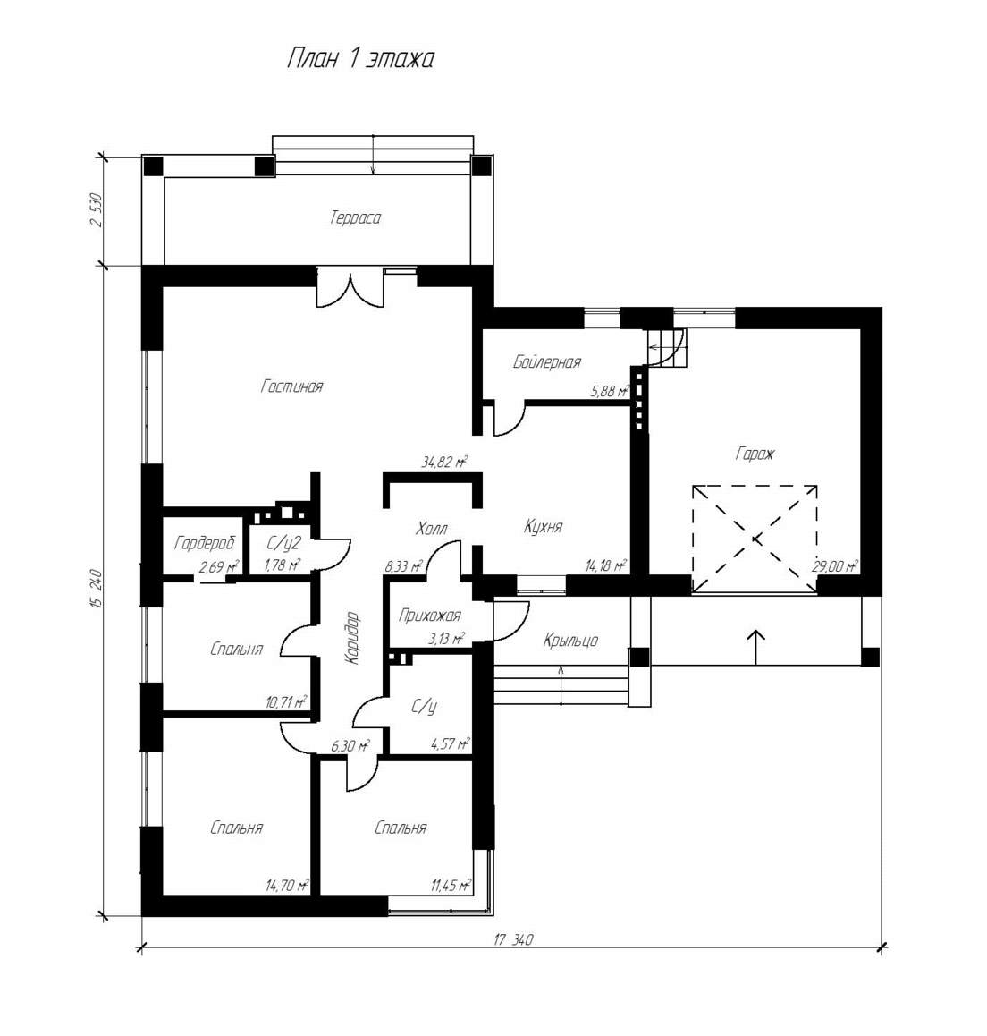 Планировка одноэтажного дома с гаражом и двумя спальнями