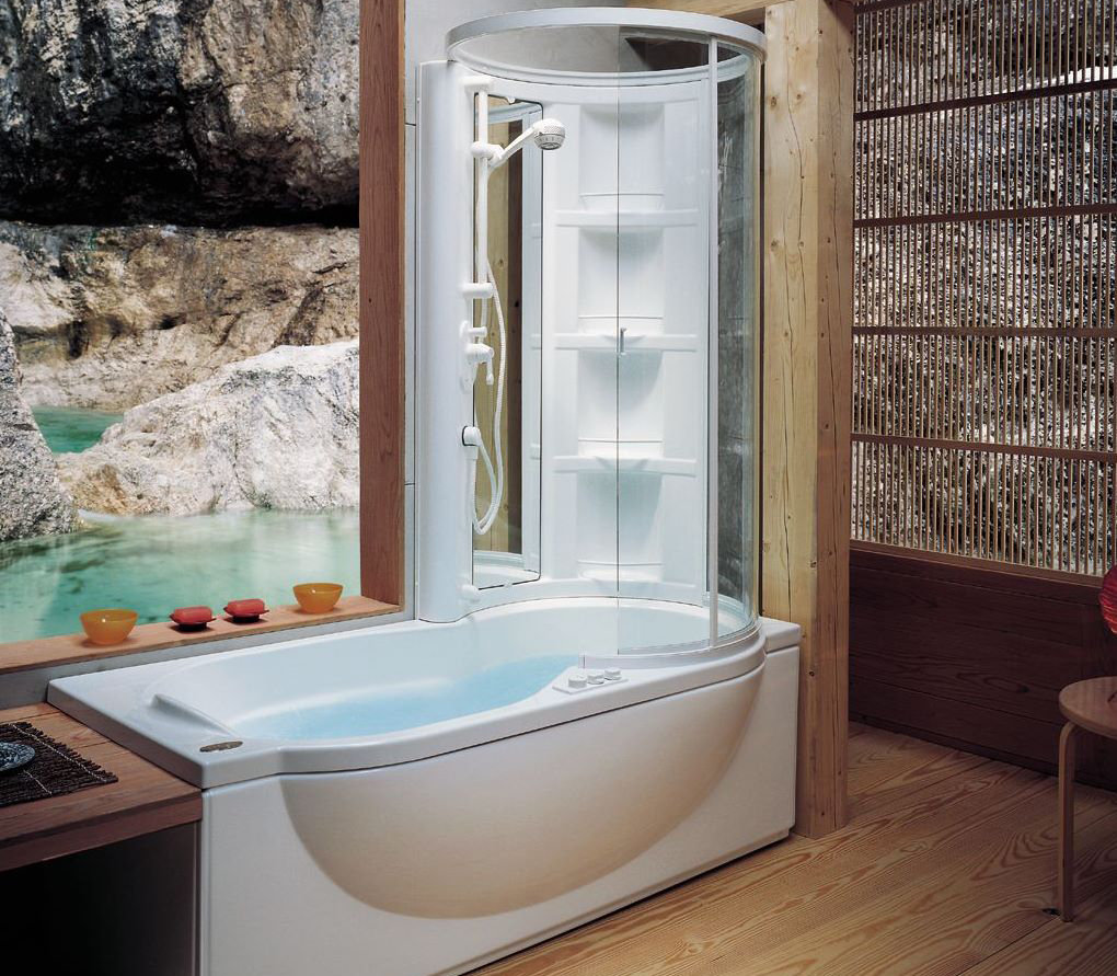 Дизайн ванной комнаты с душевой кабиной и угловой ванной