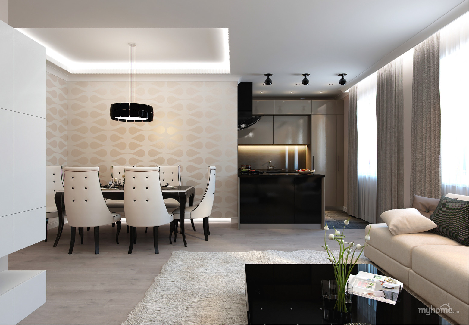 Дизайн светлой гостиной совмещенной с кухней