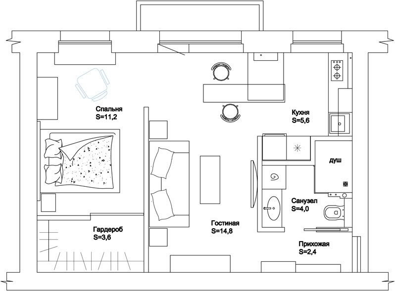 Дизайн двухкомнатной квартиры 54 кв
