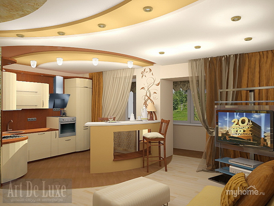 Дизайн зала с кухней студия фото