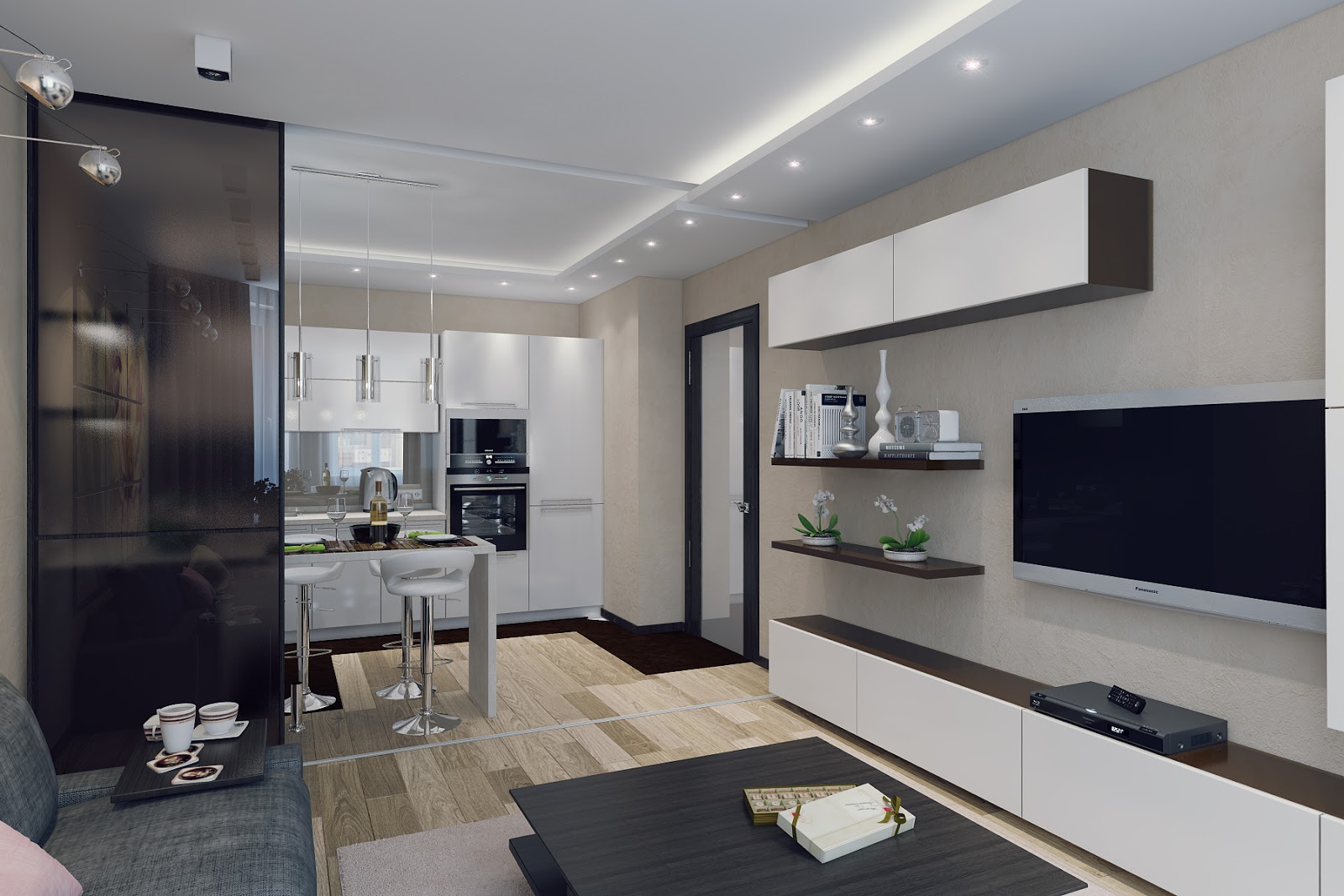 Интерьер гостиной с кухней в современном стиле 30 кв м
