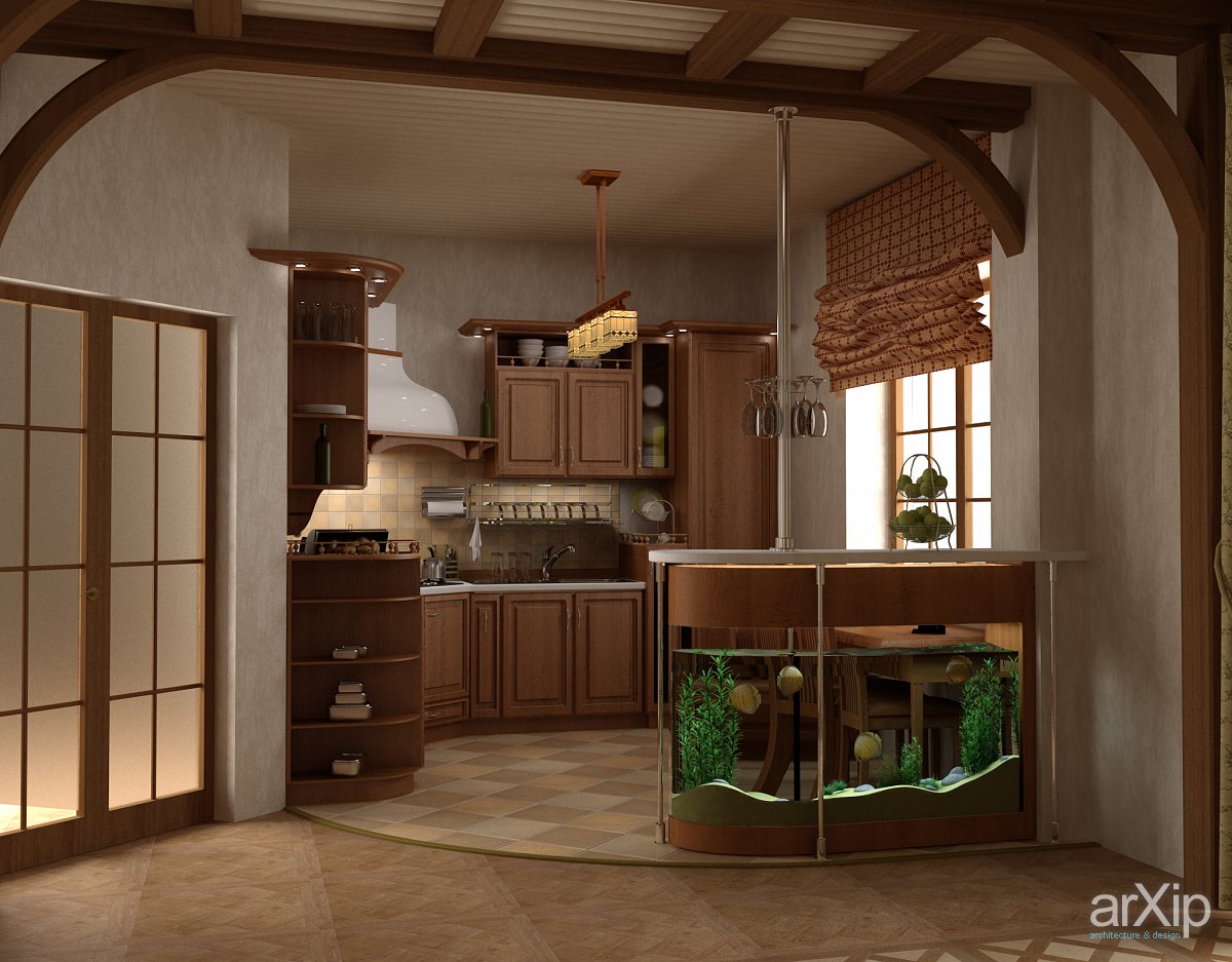 Дизайн кухни в загородном доме с двумя окнами