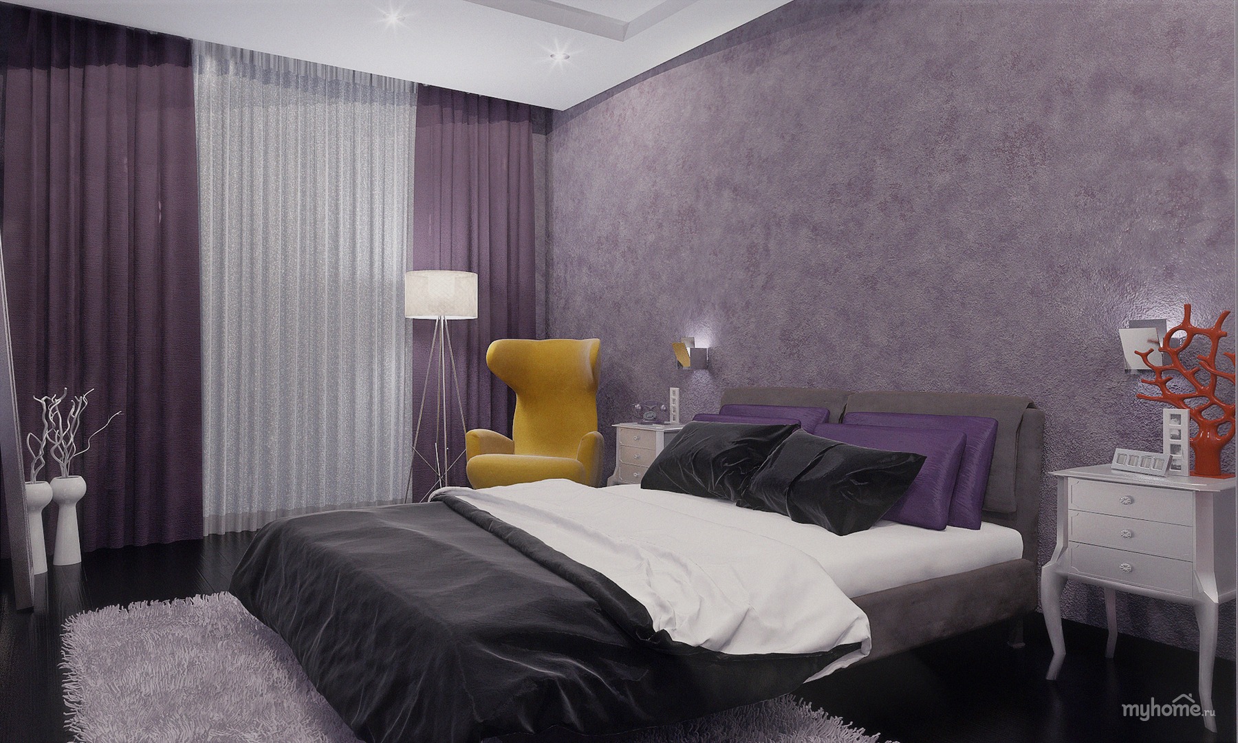 Как создать гармоничный интерьер спальни в фиолетовых тонах?