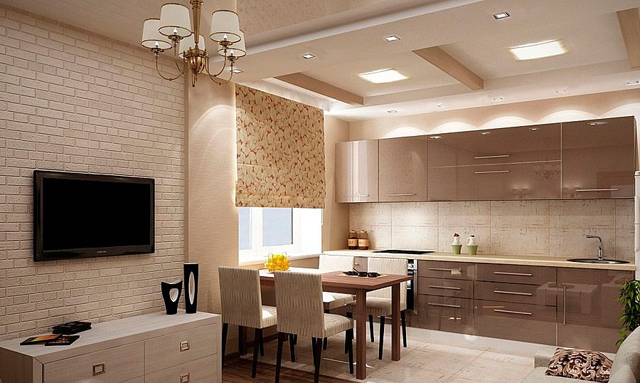 дизайн кухни гостиной в коричневом цвете