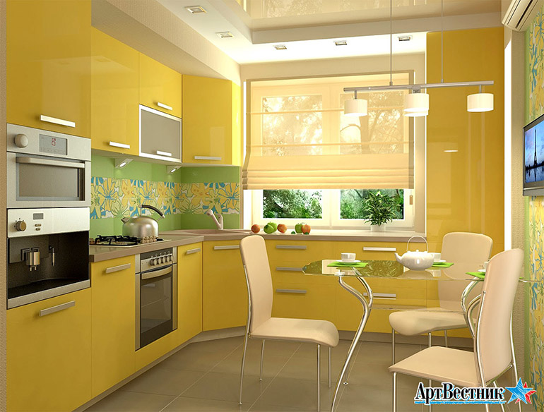 Дизайн кухни с желтыми обоями