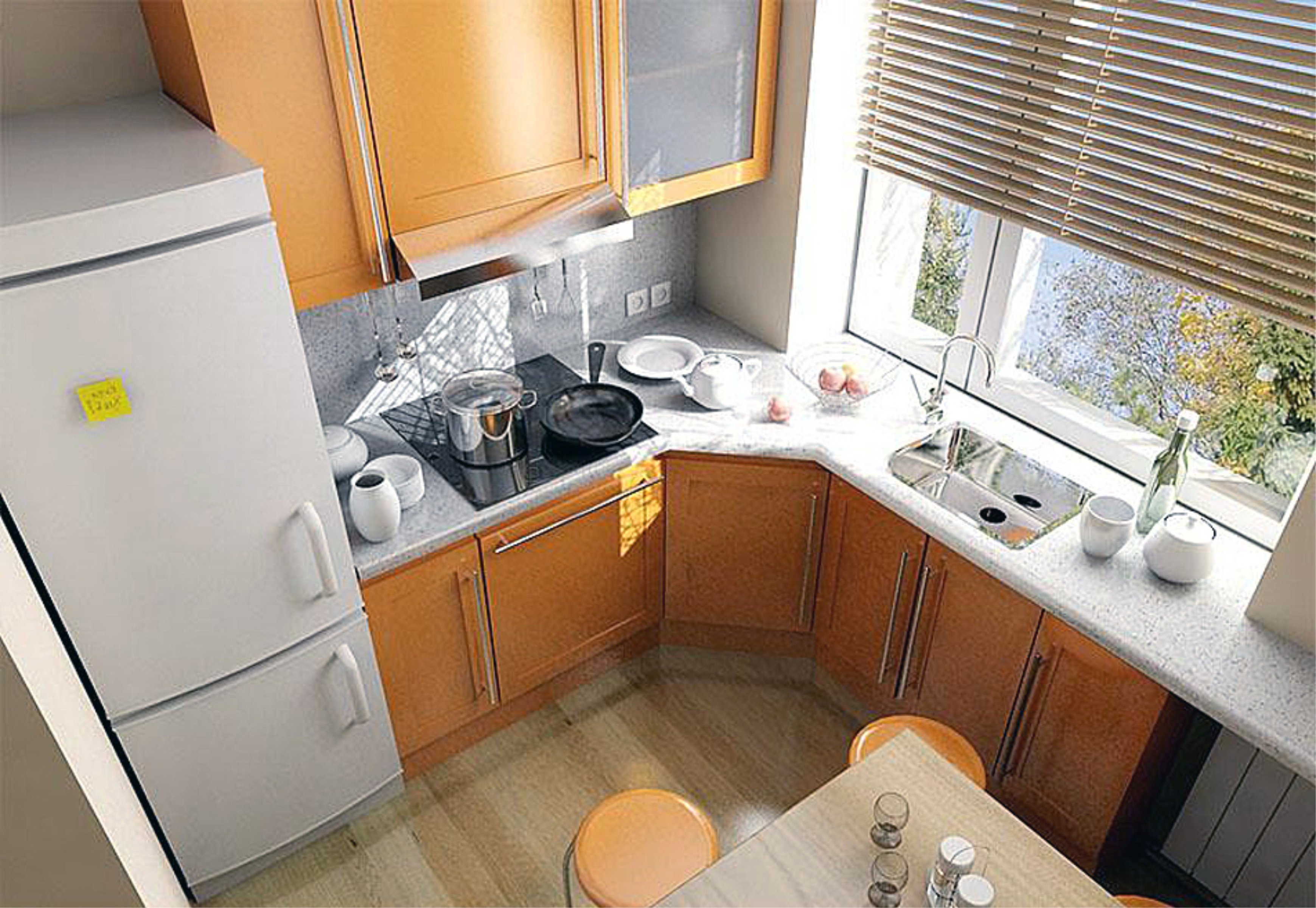 Дизайн кухни 6 м2 с холодильником и газовой плитой с обеденным столом