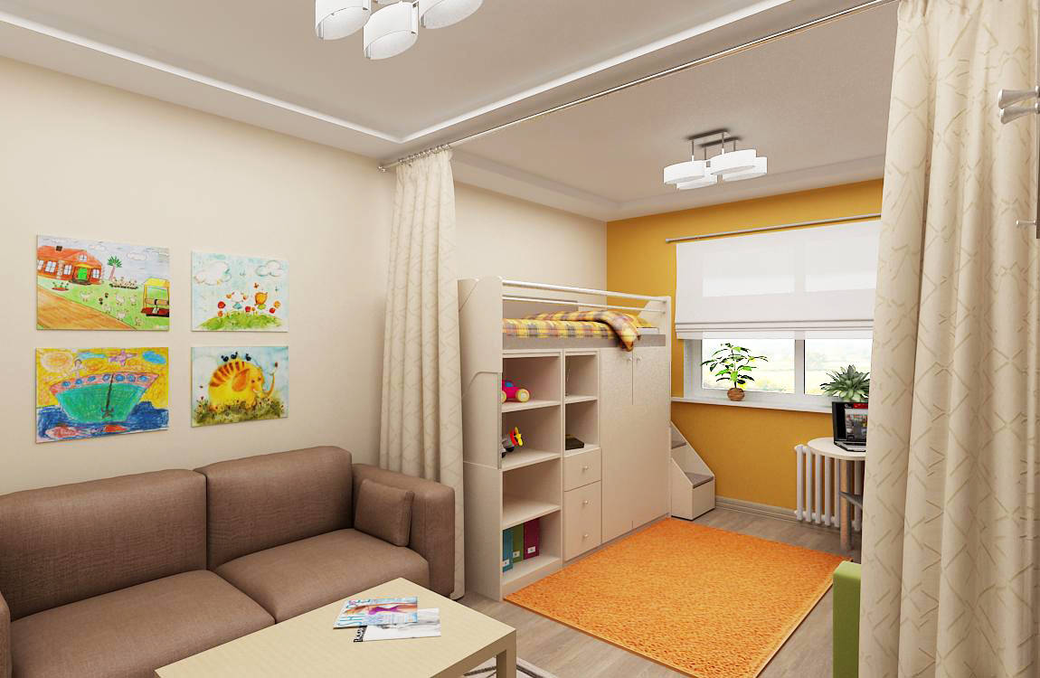 Интерьер для однокомнатной квартиры с 2 детьми