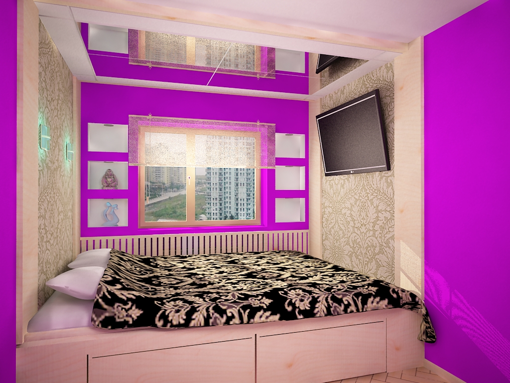 Дизайн узкой спальни с окном в конце в хрущевке с венецианской штукатуркой