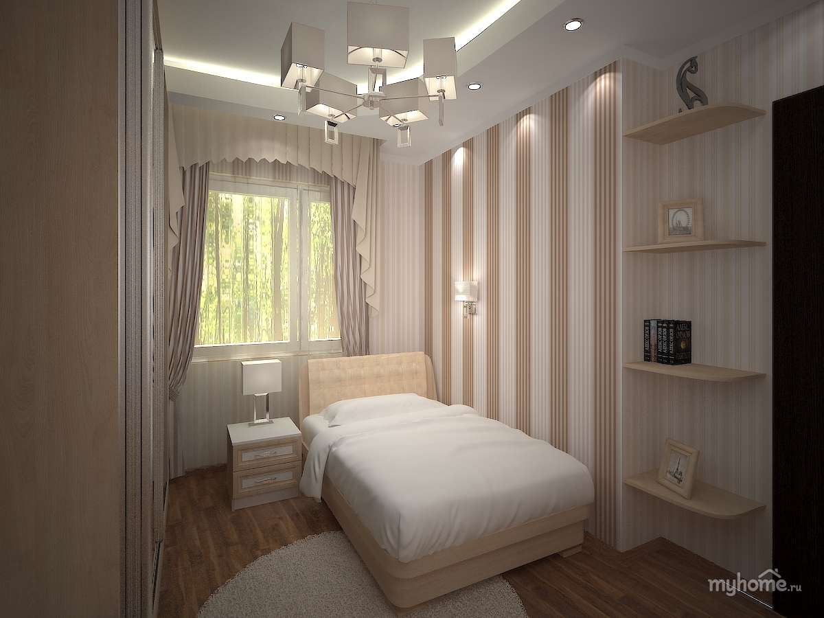Дизайн узкой спальни с окном в конце в хрущевке с венецианской штукатуркой