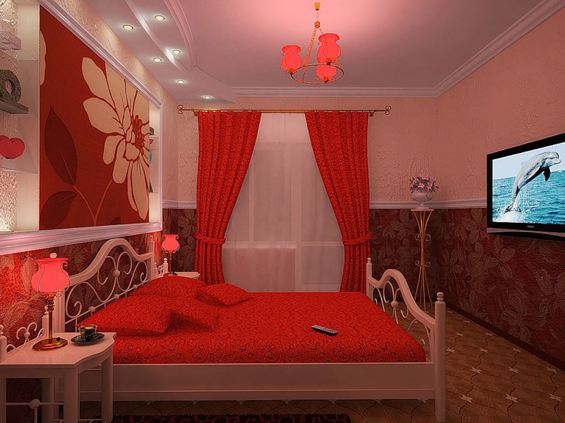 Дизайн для спальни с красными шторами