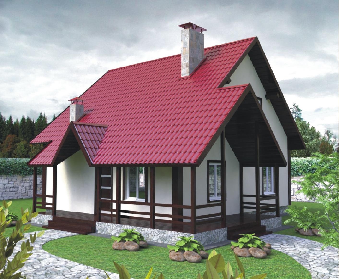 Дачный домик с бордовой крышей