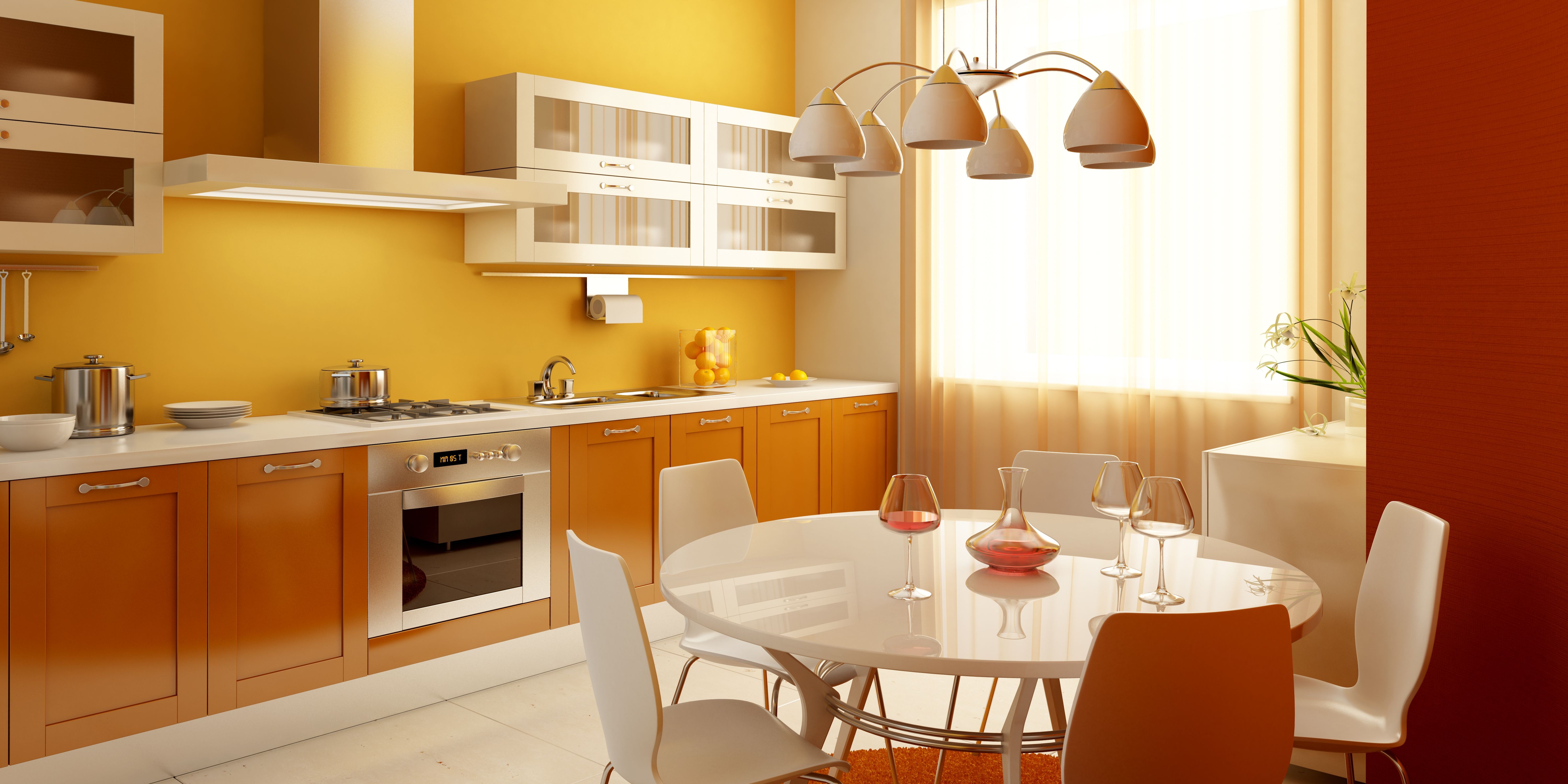 Дизайн кухни с оранжевым диваном