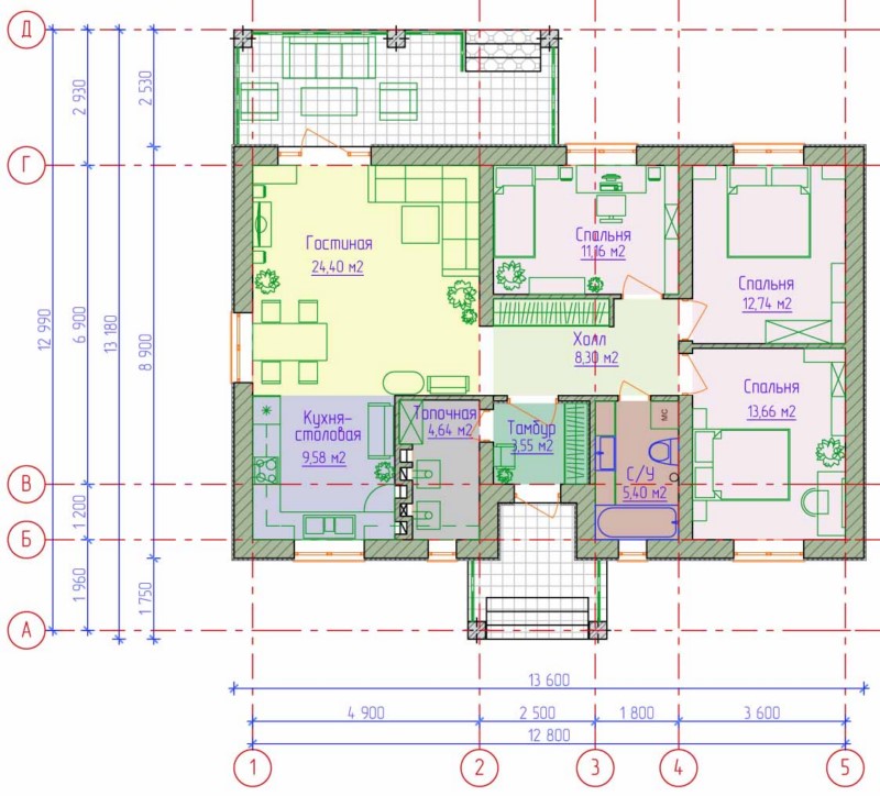 Планировка дома одноэтажного с террасой 4 спальнями