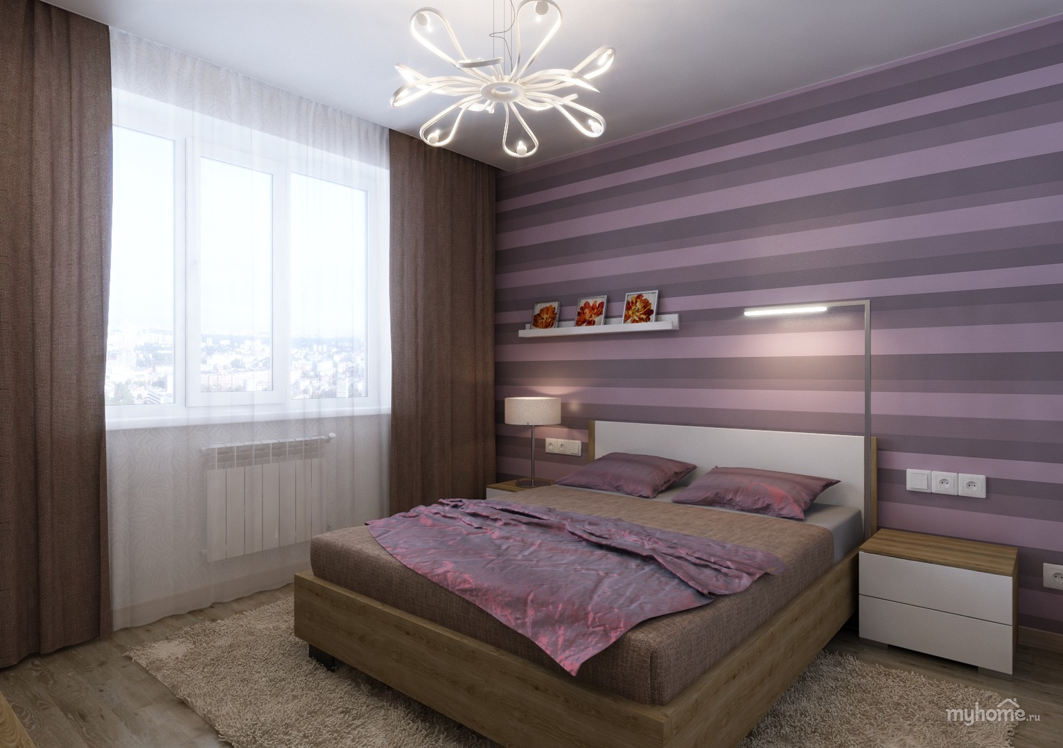 Бежевый и фиолетовый в интерьере спальни