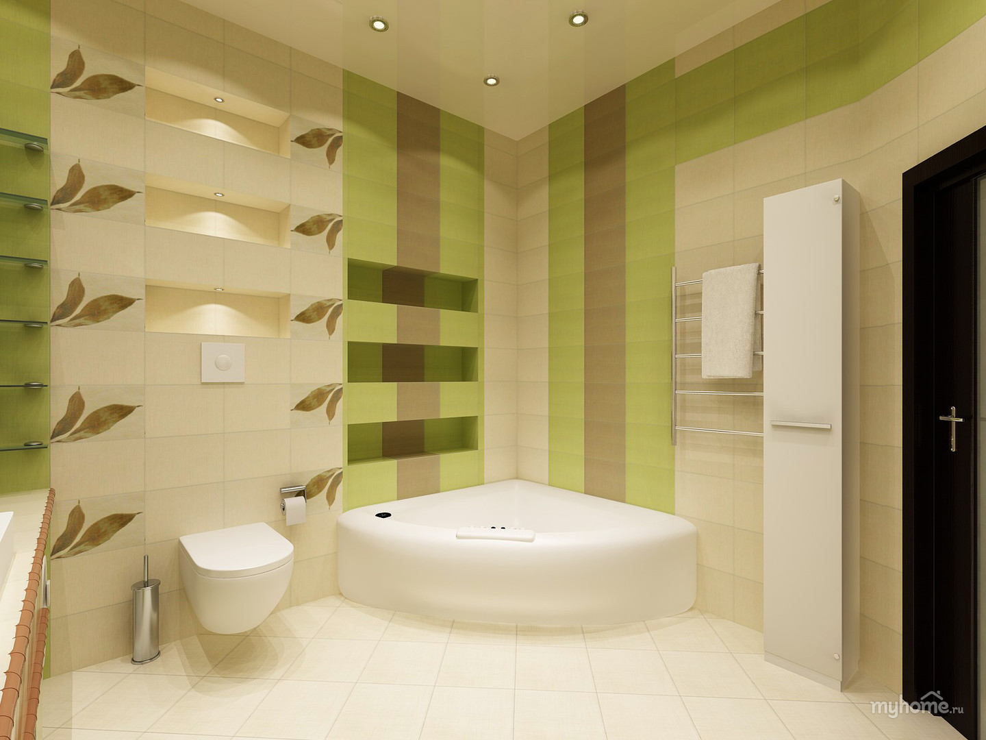Туалет с угловой ванной. Дизайнерские решения для ванной комнаты. Отделка ванной. Варианты отделки ванной комнаты. Цветовые решения для ванной.