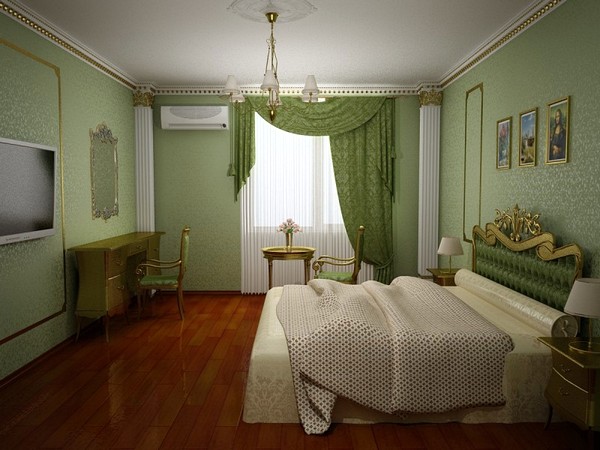 Зеленые портьеры в интерьере спальни