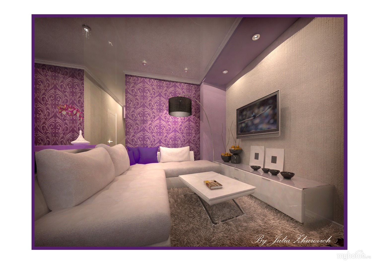 Серо фиолетовый интерьер спальни гостиной