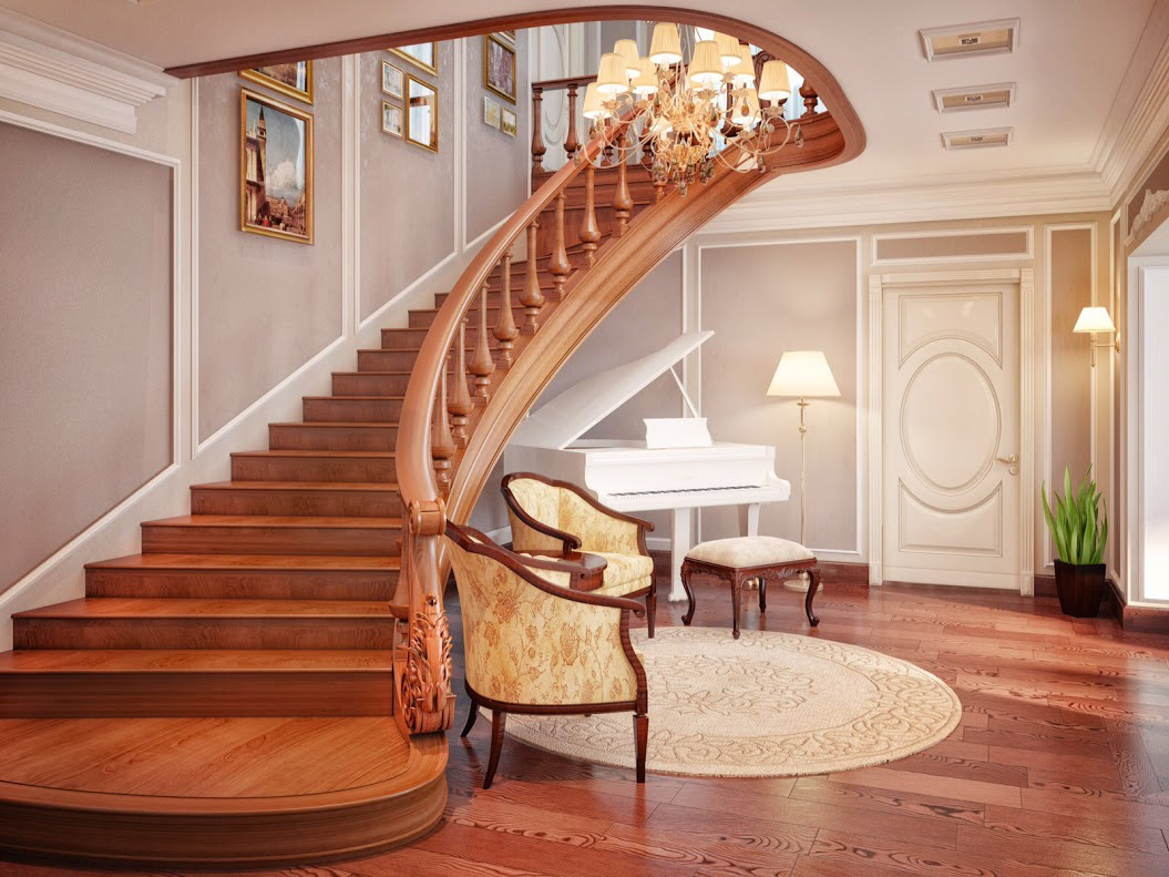Дизайн холла в частном доме с лестницей в современном стиле