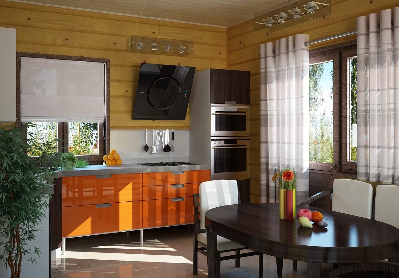 Интерьер кухня столовая в деревянном доме