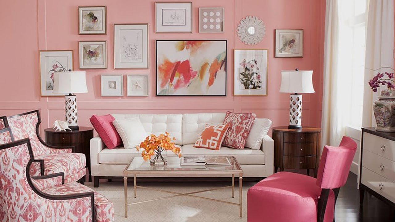 Серо розовый интерьер гостиной